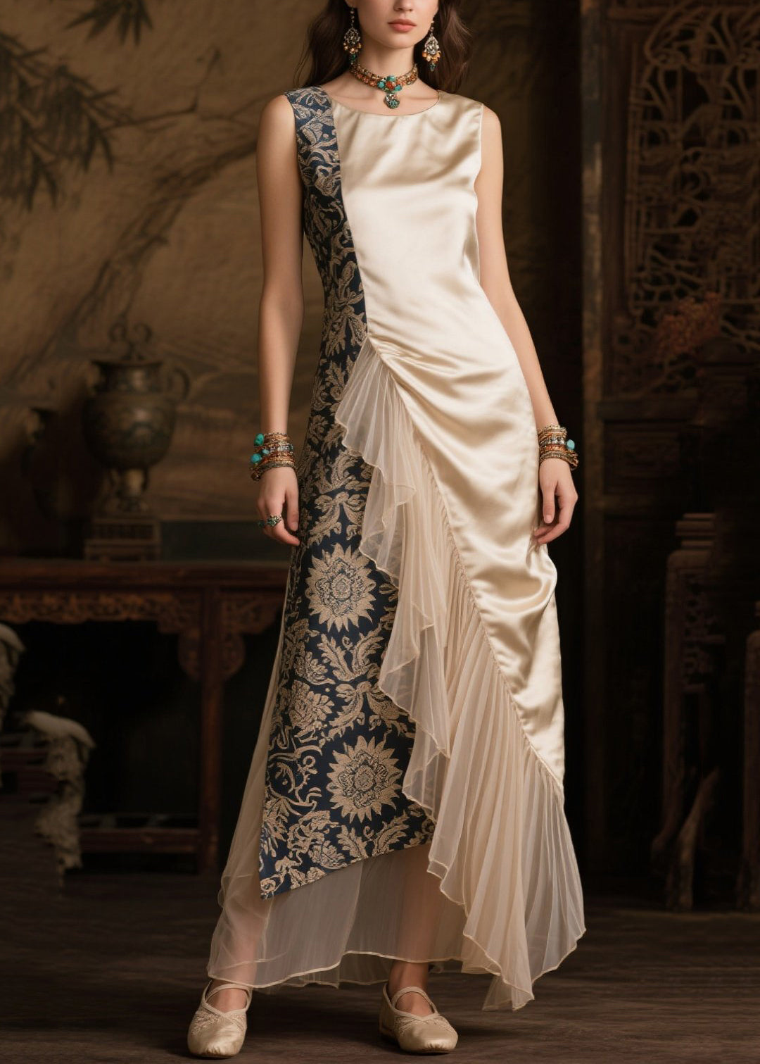 Champagne Asymmetrical Tulle Patchwork Silk Robe Dresses Summer