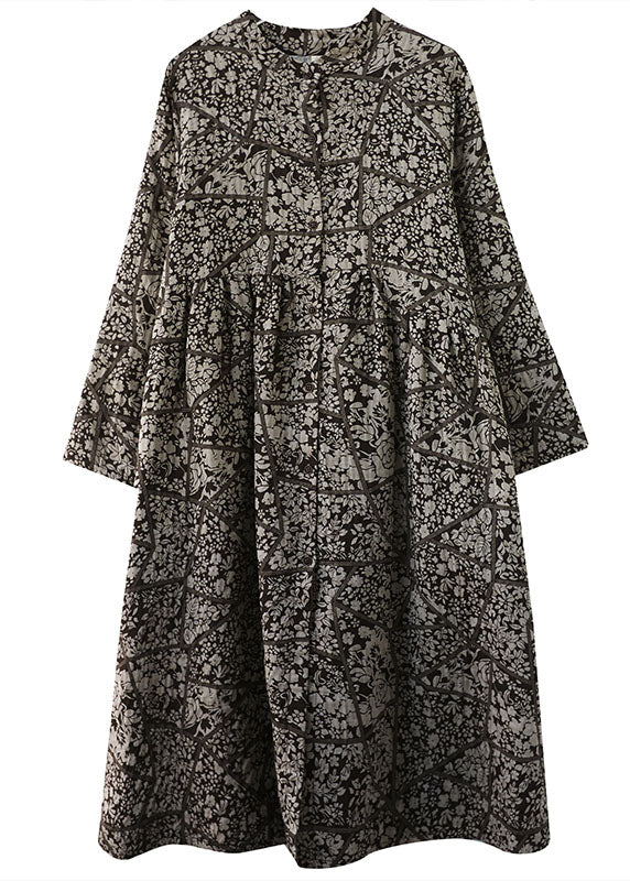 Stand Collar Button Print Patchwork Fall Maxi Dresses Long Sleeve