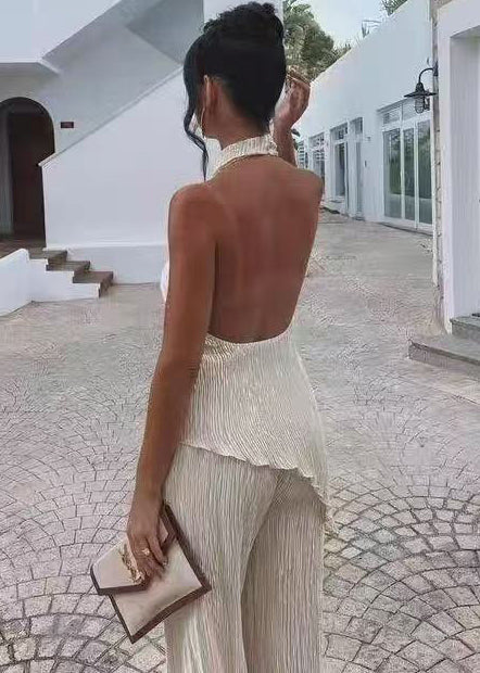 Beige Asymmetrical Cold Shoulder Sets 2 Pieces Summer