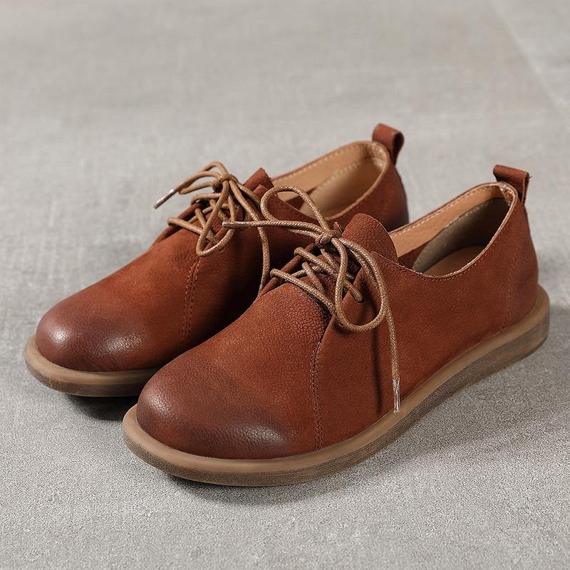 Cross Strap Flat Shoes Brown Cowhide Leather