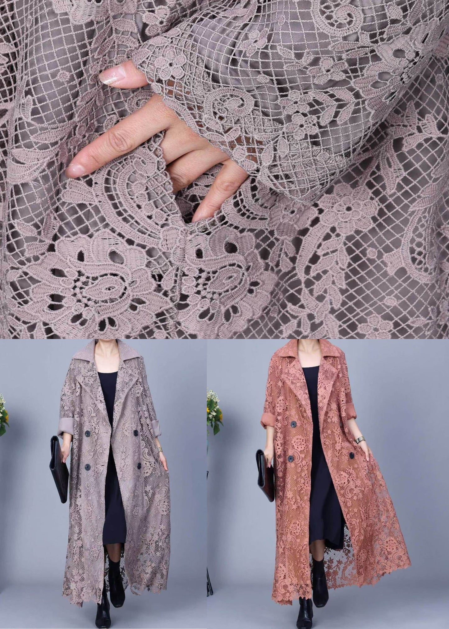 Loose Grey Notched Double Breast Lace Trench Coat Fall