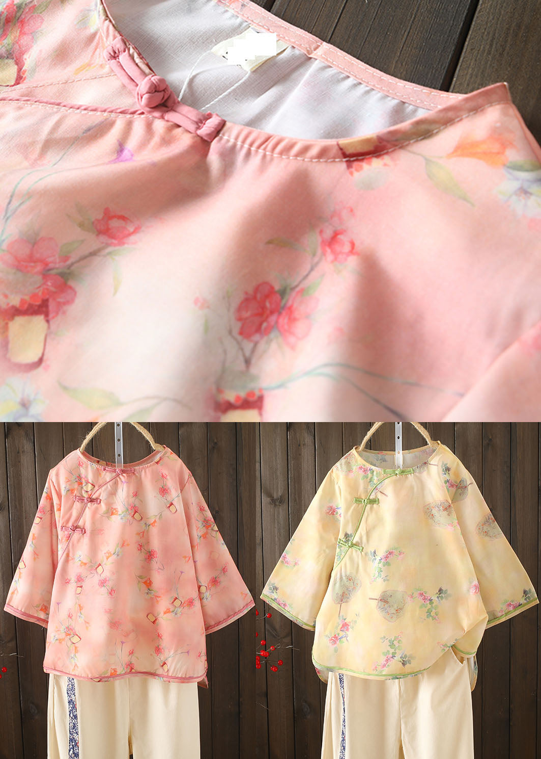 Diy Yellow O-neck Oriental Button Print Cotton Blouse Top Bracelet Sleeve