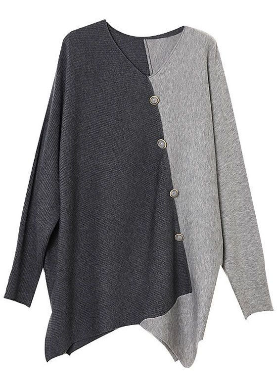 Grey Asymmetrical Patchwork Knit Shirt Winter