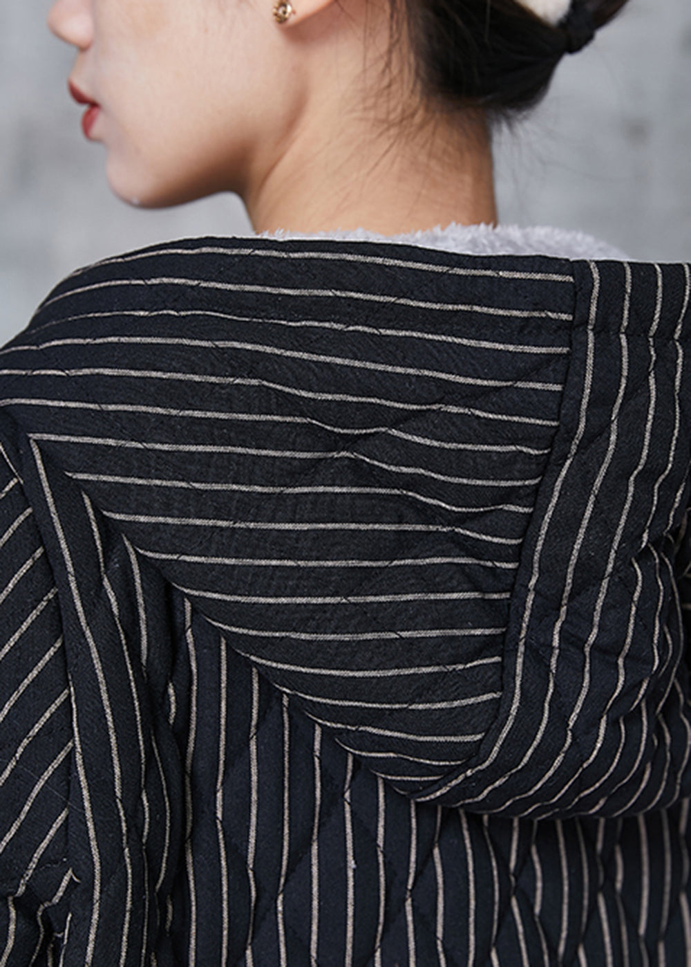 Black Hooded Striped Warm Fleece Coat Winter