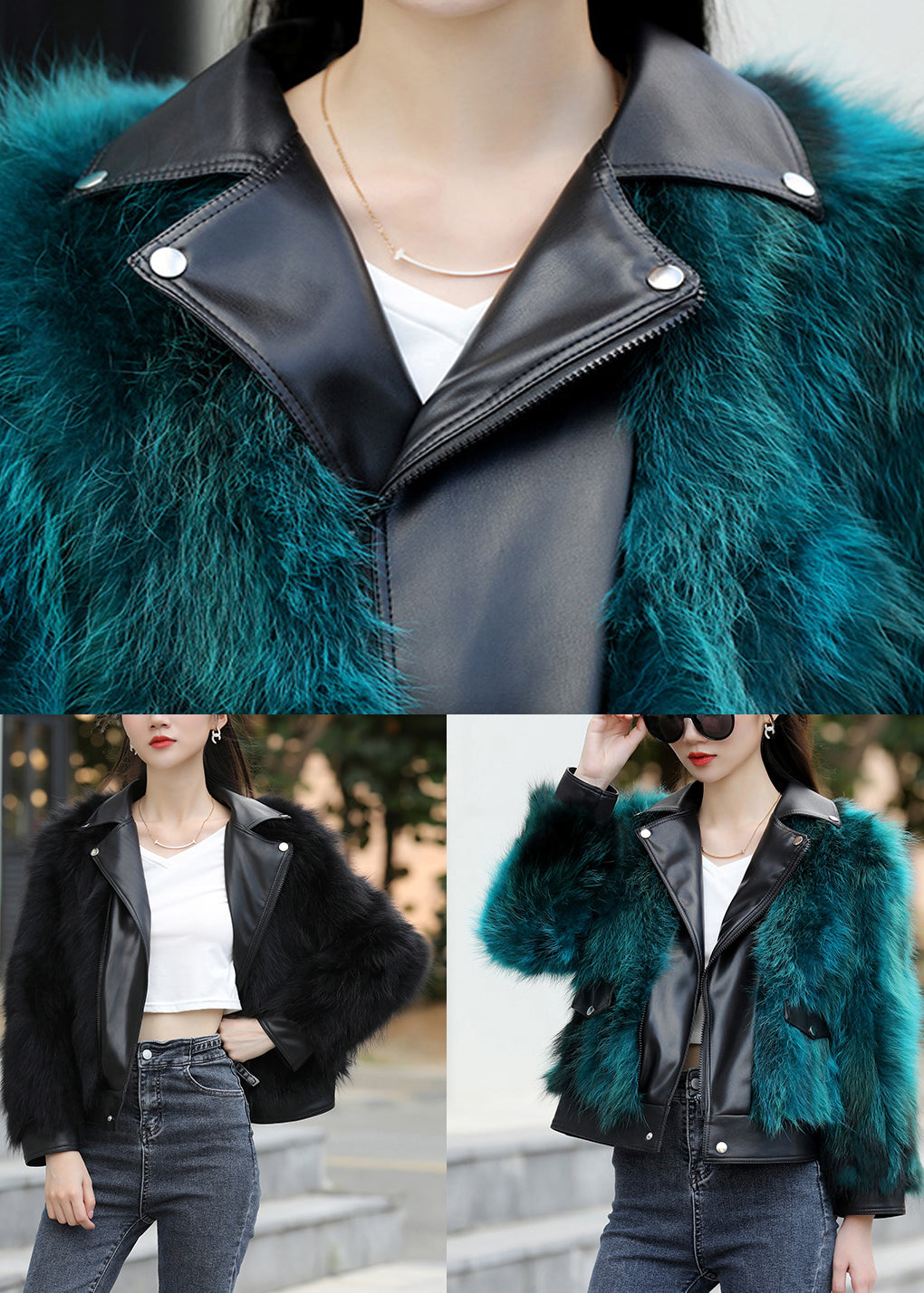 Peacock Blue Pockets Leather and Fur Jacket Long Sleeve
