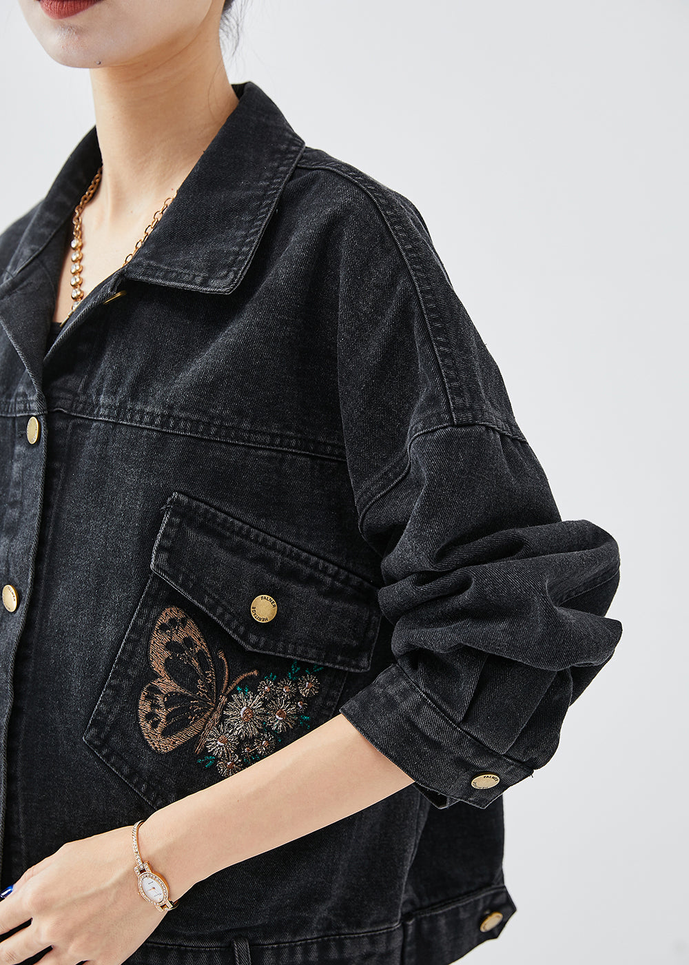 Boutique Black Embroideried Letter Butterfly Denim Jacket Spring