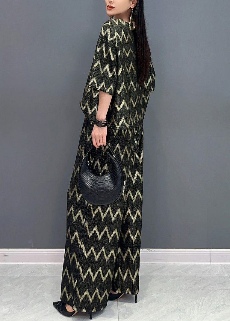 Black Gold O-neck Print and Wide Leg Pants T Shirt Two Pieces Set Short Sleeve