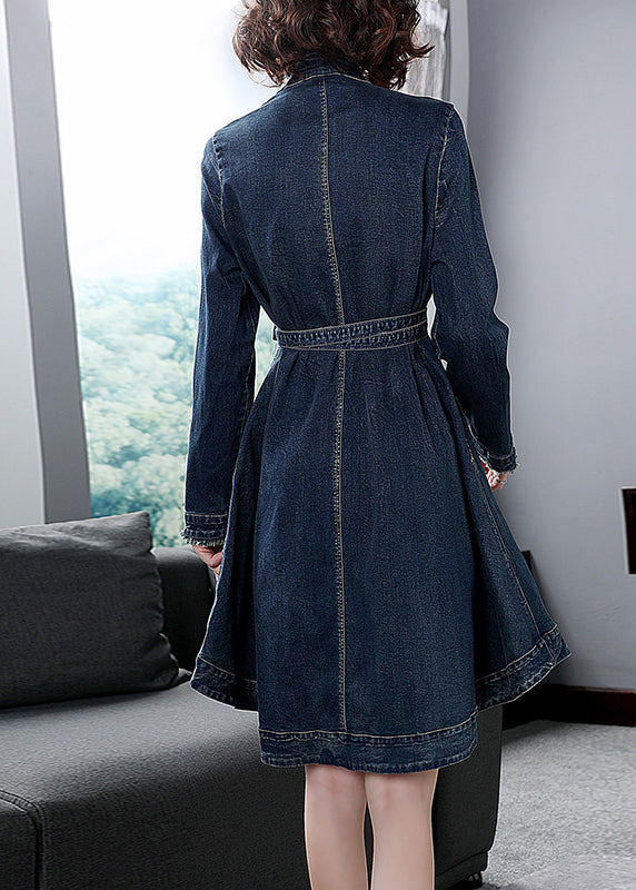 Italian Blue V Neck Sashes Embroideried Cotton Denim Dress Long Sleeve