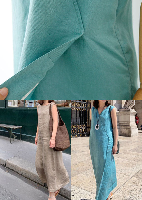 Blue Side Open Linen Long Dress Sleeveless