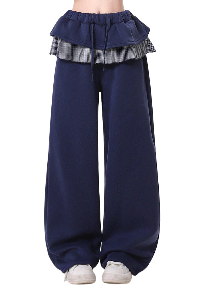 Navy Elastic Waist Patchwork Ruffles Cotton Pants Spring