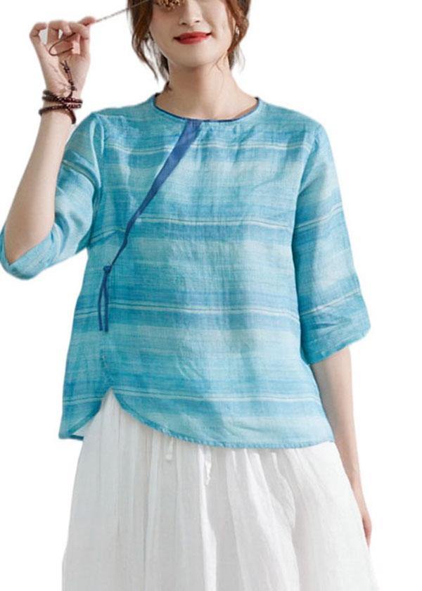 Blue Striped Chinese Style O-neck Summer Ramie Blouse Half Sleeve