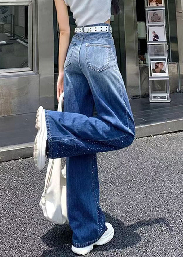 Blue Pockets Patchwork Zircon Straight Jeans