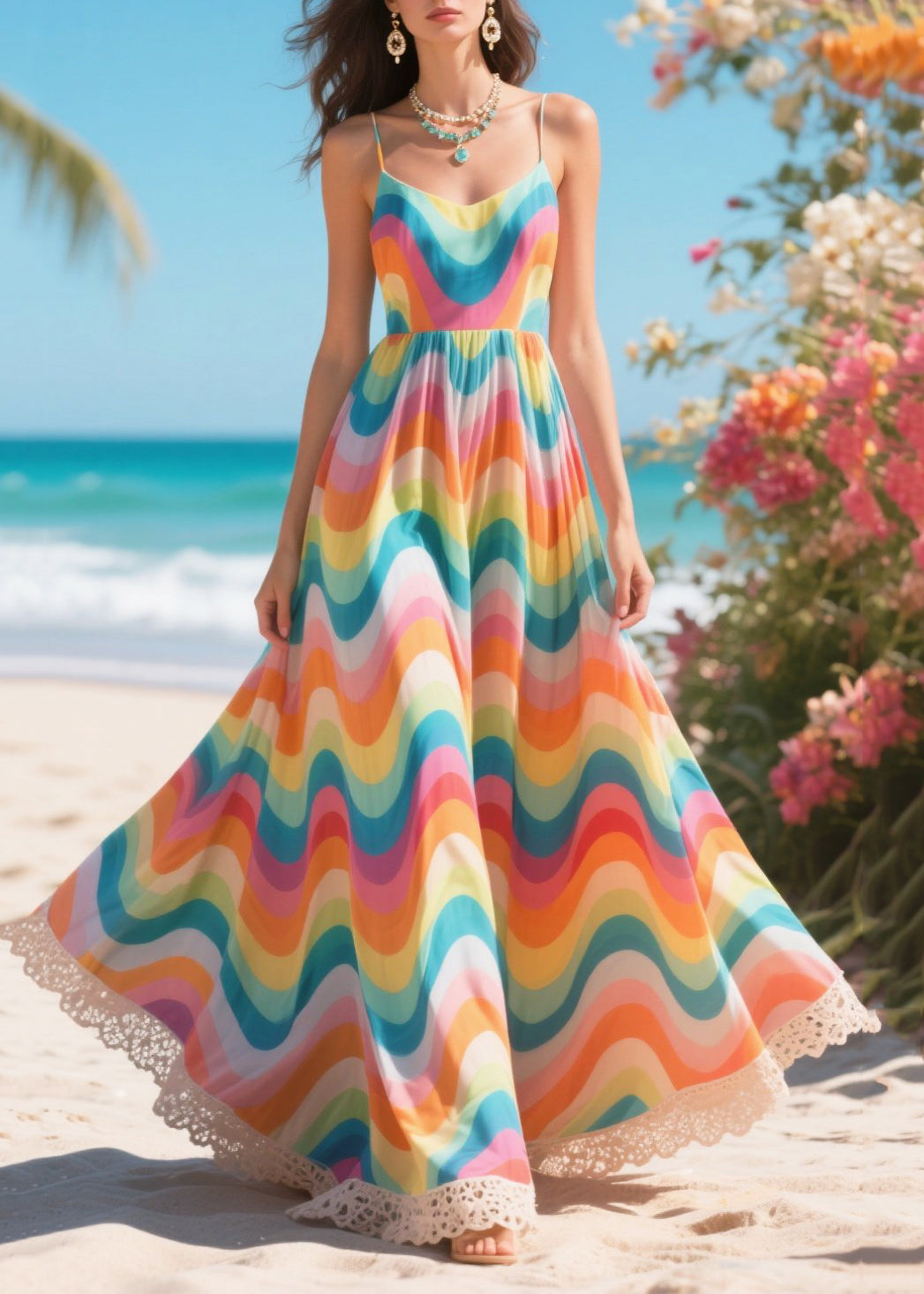 Rainbow Striped Chiffon Holiday Dress Summer