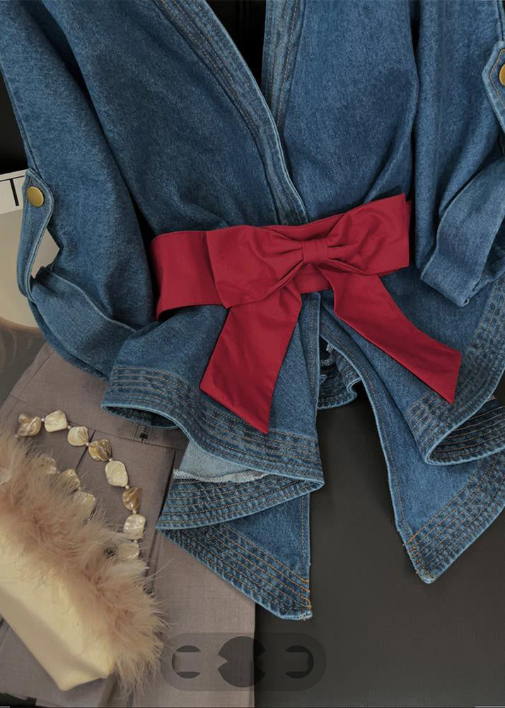 Blue V Neck Bow Tunic Denim Shirt Tops Short Sleeve