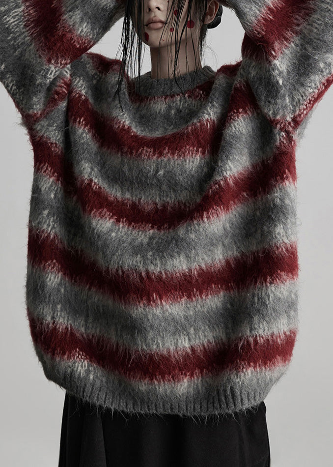 Grey Oversized Striped Knit Short Sweater Winter