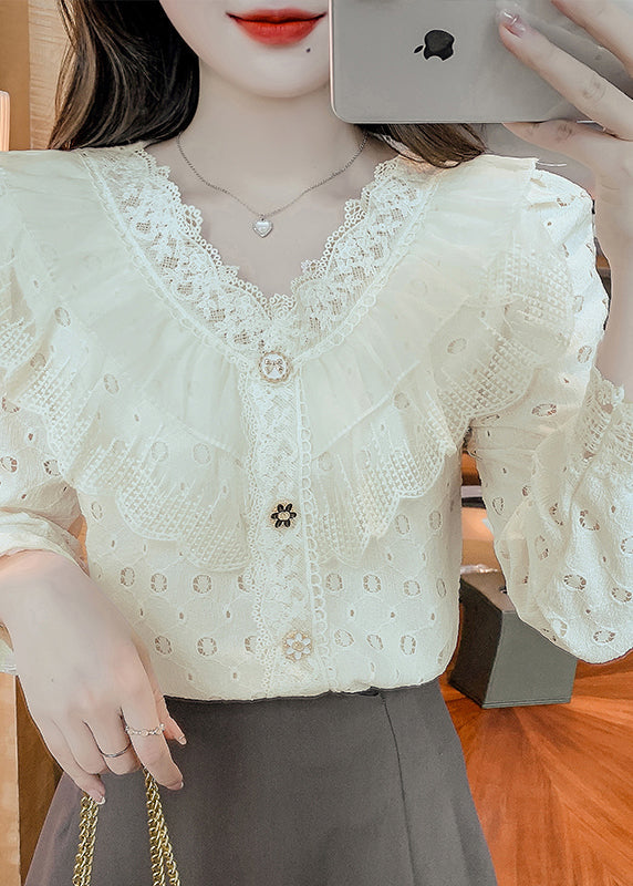 Apricot Ruffled Hollow Out Patchwork Lace Shirts Fall