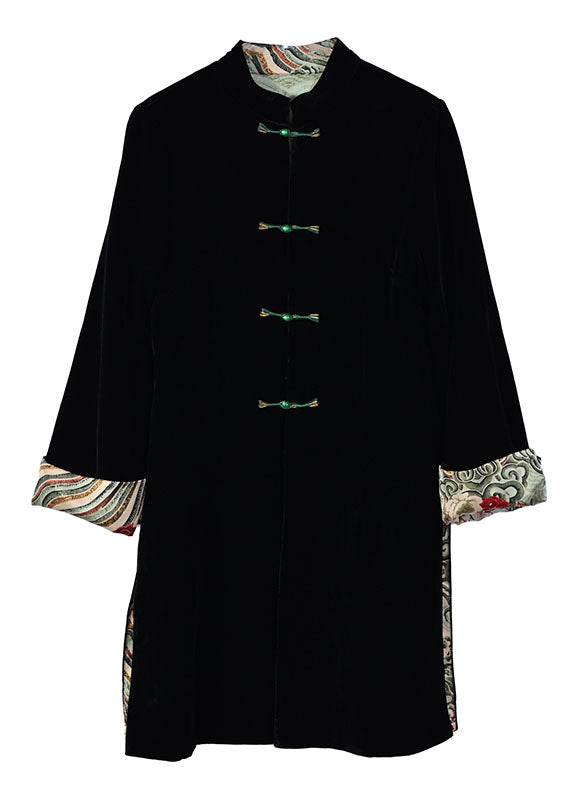 Black Stand Collar Patchwork Button Silk Velour Coat Bracelet Sleeve
