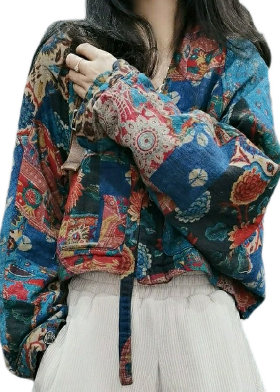 Blue V Neck Print Button Cotton Top Long Sleeve