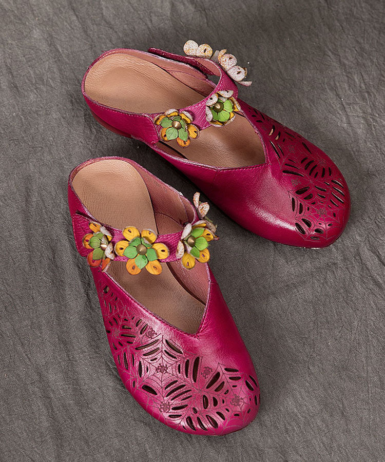 Purple Hollow Out Cowhide Leather Retro Splicing Slide Sandals