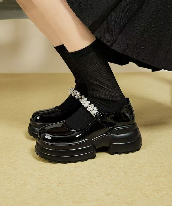 New Platform Loafers Black Faux Leather Buckle Strap Zircon