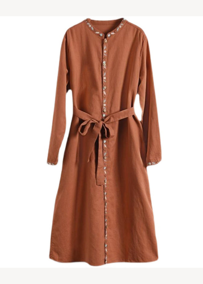 Apricot Embroideried Button Tie Waist Cotton Dress Fall