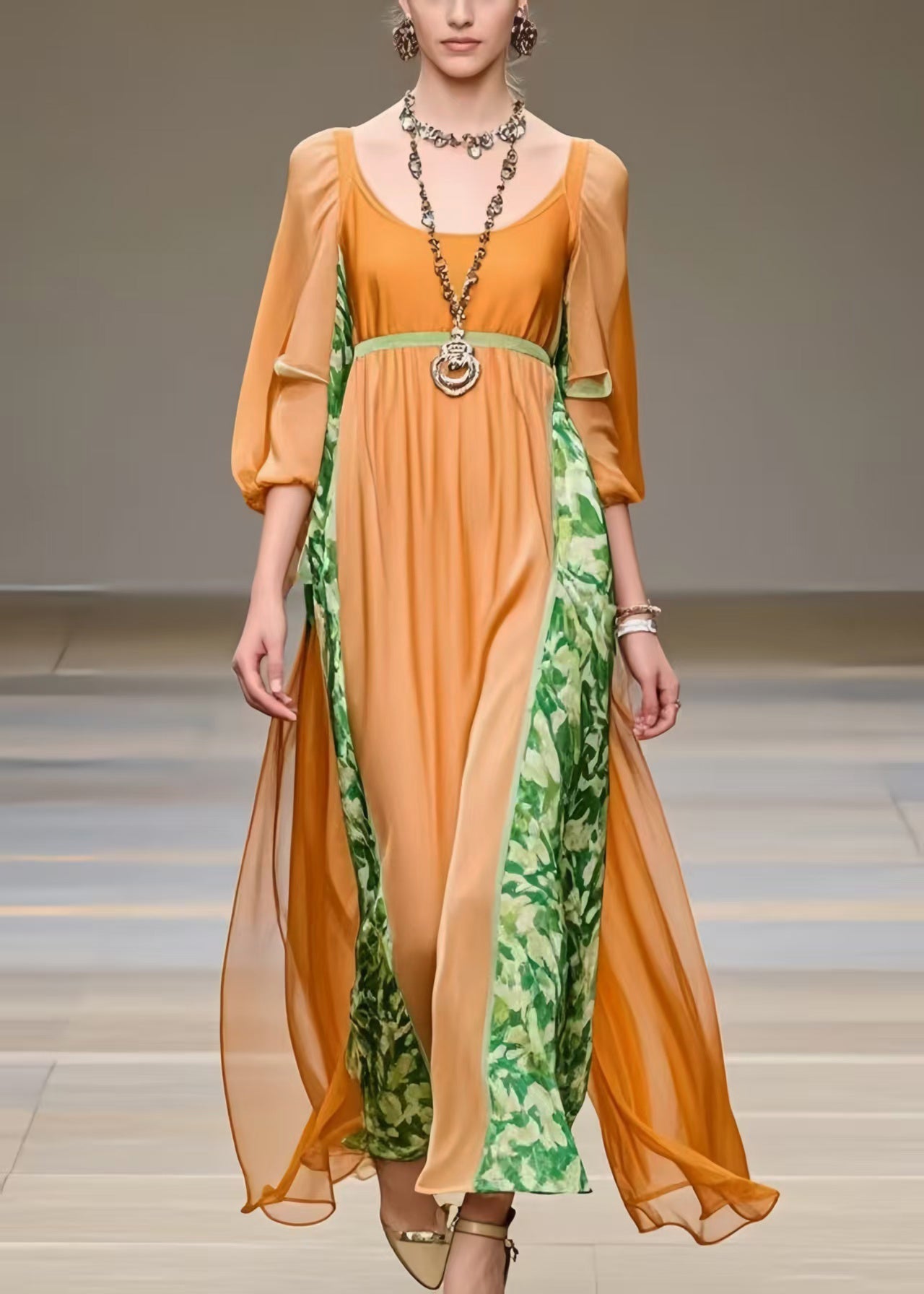 Orange U Neck Patchwork Chiffon Robe Dresses Bracelet Sleeve