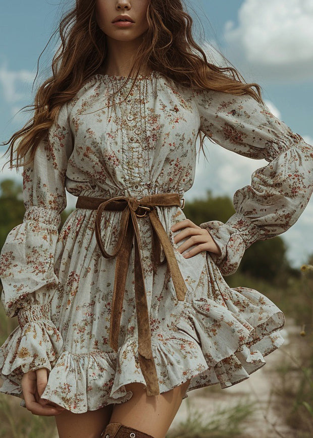 Pastoral Style Ruffled Mini Dresses Long Sleeve