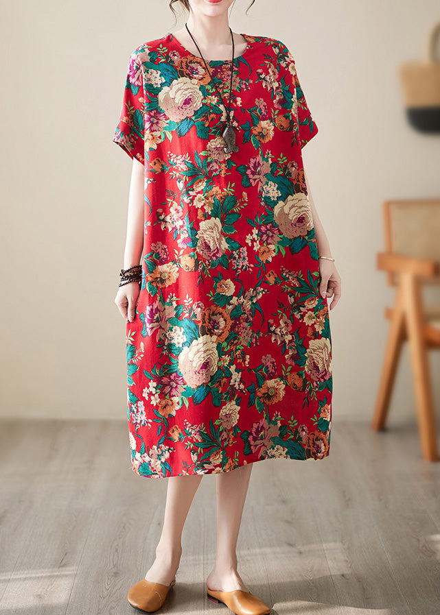 Handmade Red O-neck Print Cotton Long Dress Short Sleeve