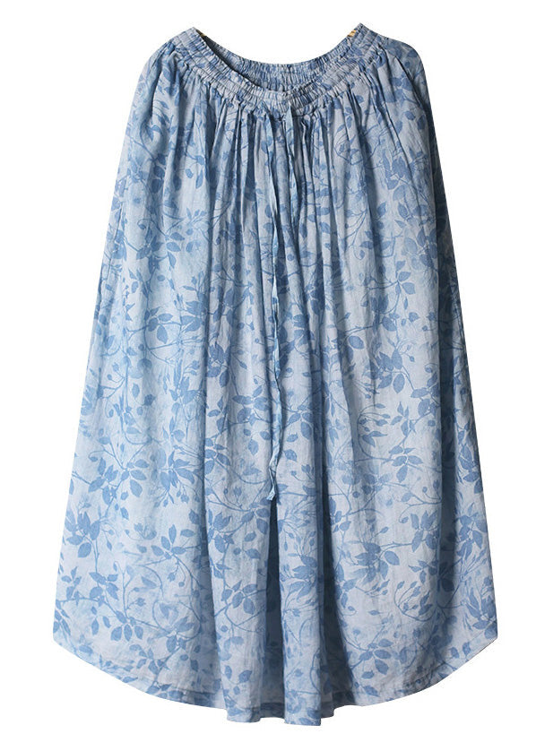 Blue Print Lace Up Elastic Waist Cotton Skirt Spring