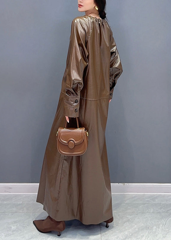 Coffee Drawstring Tie Waist Faux Leather Long Trench Coat Fall