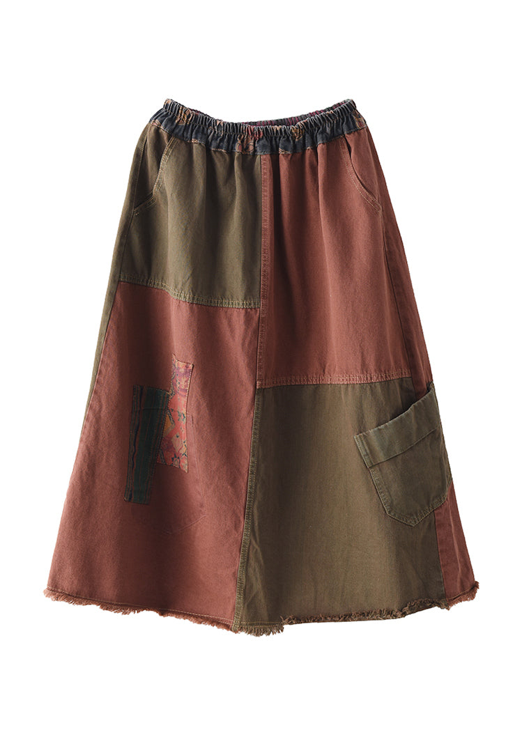 Red Patchwork Elastic Waist Pockets Cotton Denim a Line Skirts Fall