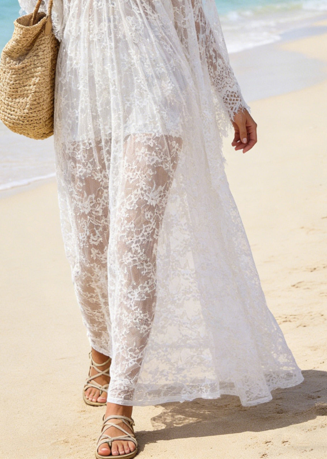 White V Neck Hollow Out Oversized Lace Vacation Dresses Summer