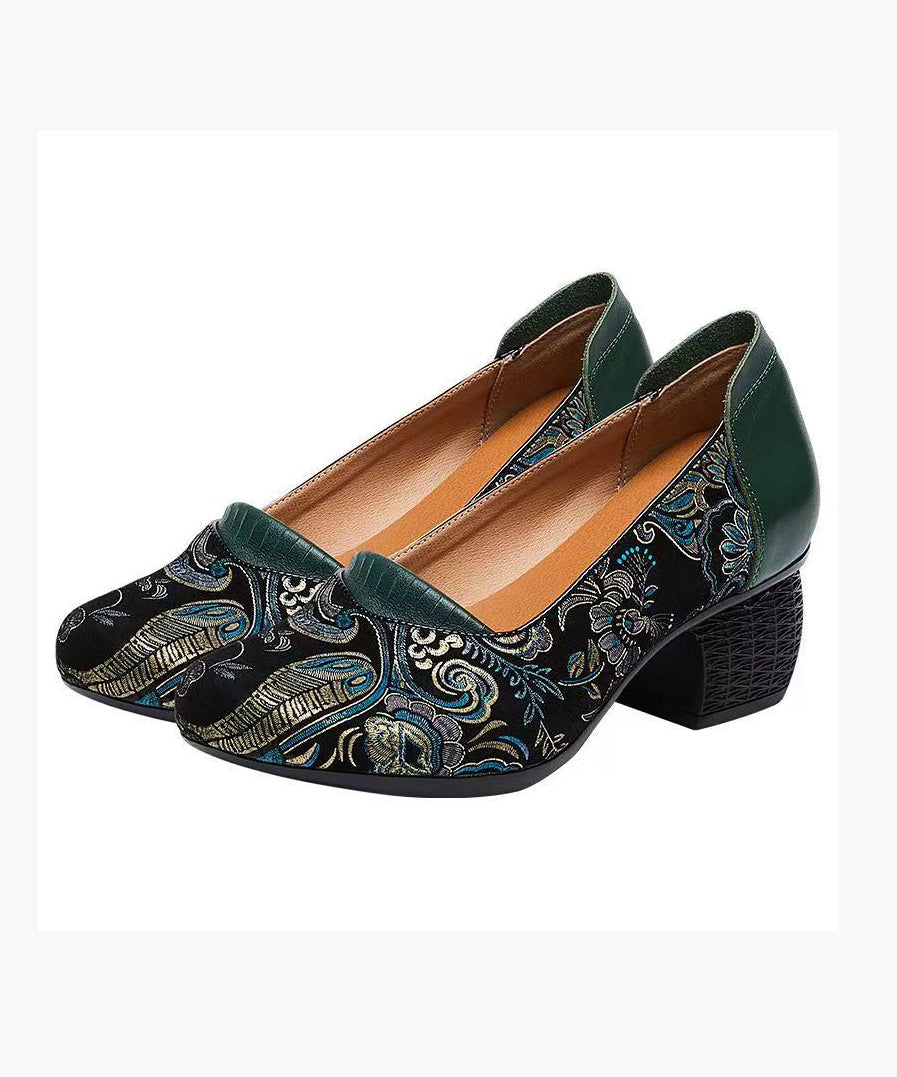 New Retro Green Embossed Chunky Heels