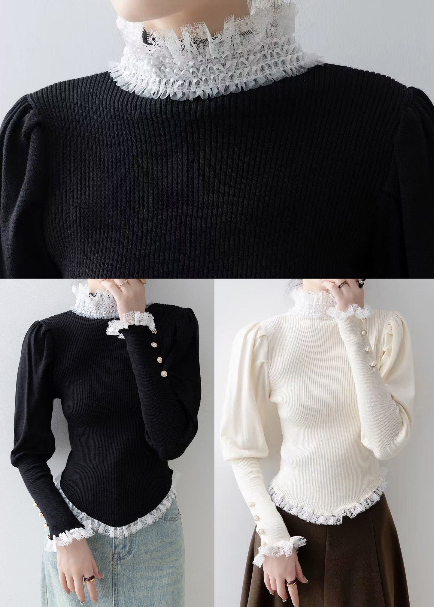 Italian White Silm Fit Patchwork Lace Knitted Tops Winter