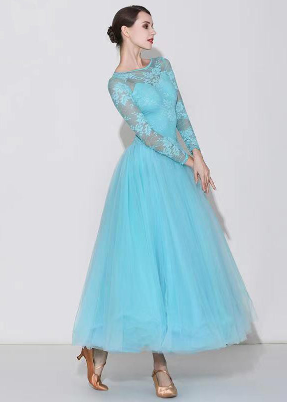 Light Lake Blue O-neck Lace Patchwork Dance Dress Long Sleeve