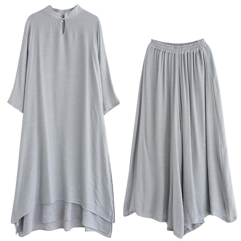 Spring Gray Medium Length Dress Wide Leg Pants Two Piece Set
