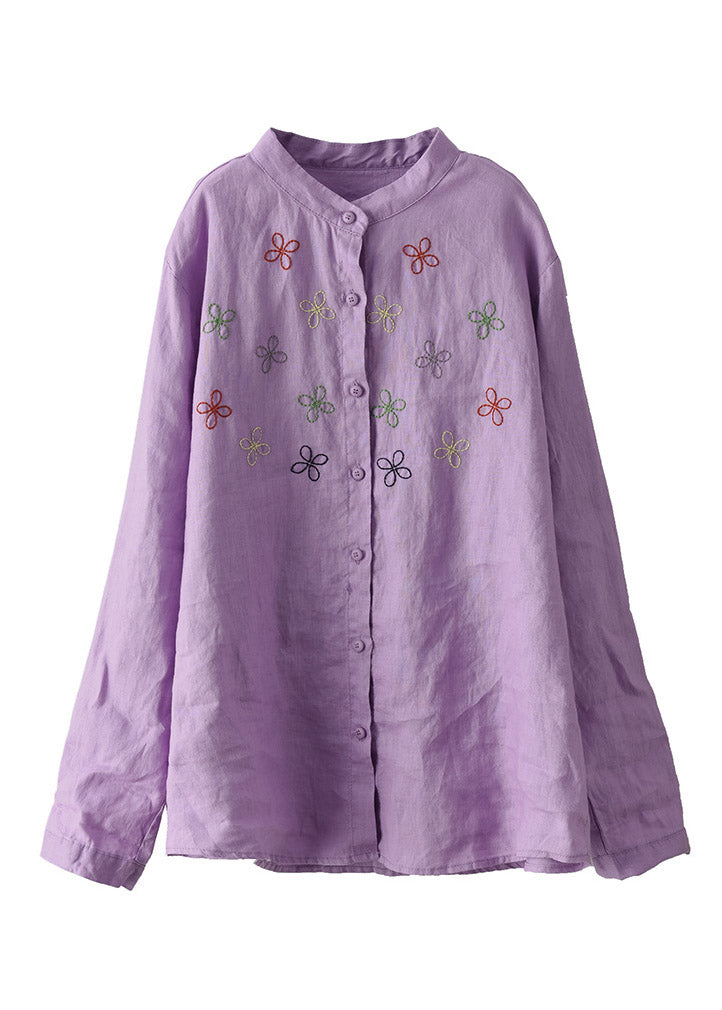 Purple Stand Collar Embroideried Linen Shirt Long Sleeve