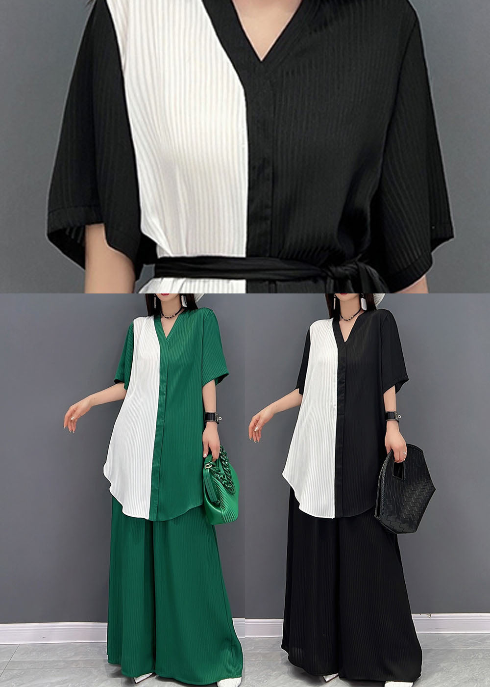 Green Patchwork Chiffon Tops and Wide Leg Pants Two Pieces Set V Neck Tie Waist Summer