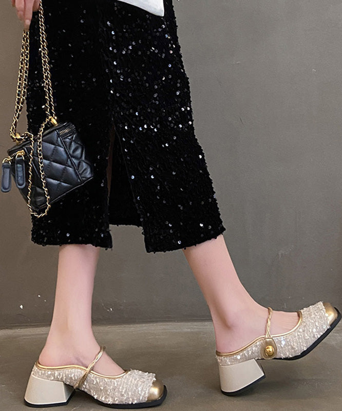Beige Sequins Splicing Buckle Strap Splicing Sandals