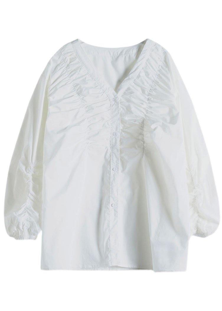 Boutique White V Neck Button Fall Long Sleeve Blouse Top