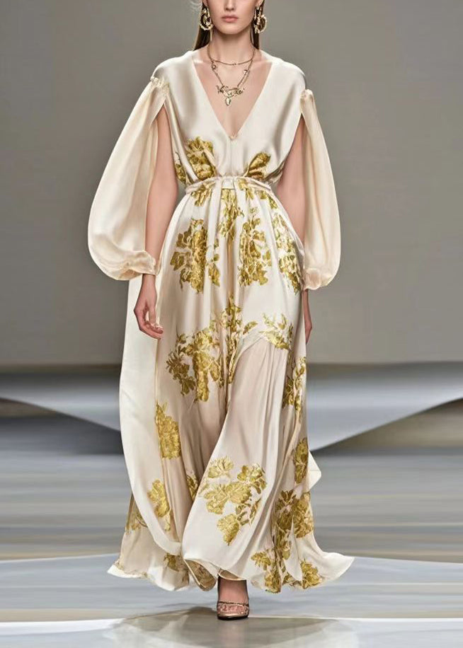 Style Champagne V Neck Print Silk Maxi Dress Cloak Sleeves Summer