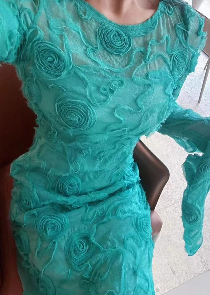 Green O-neck Tulle Maxi Dress Spring