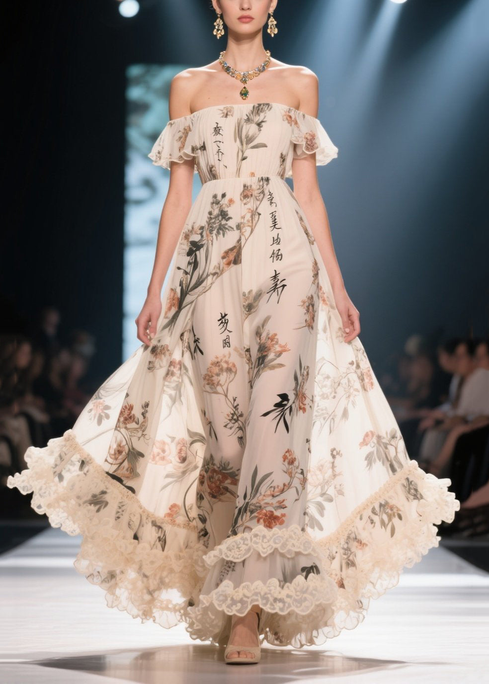 White Ruffled Print Chiffon Strapless Dress Summer