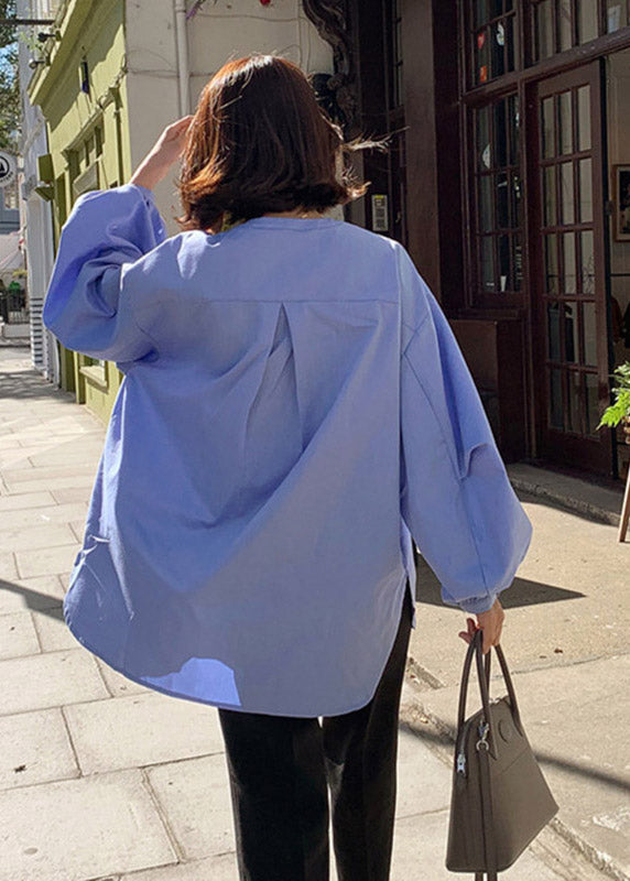 French Blue O-neck Button Side Open Cotton Shirts Lantern Sleeve