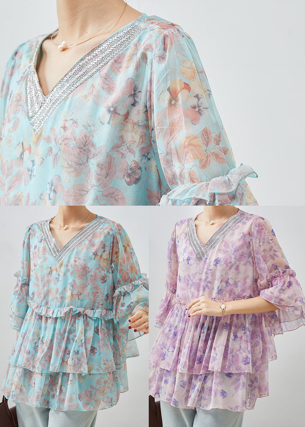 Diy Blue Ruffled Print Chiffon Blouses Bracelet Sleeve