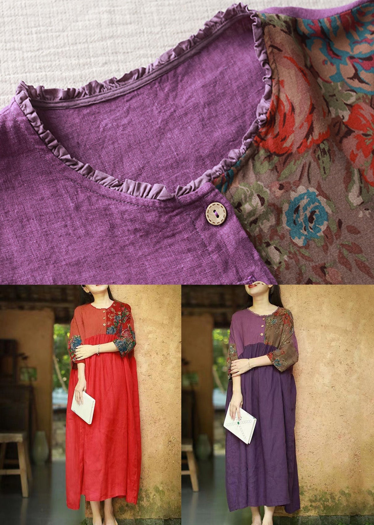 Purple Ruffled Wrinkled Cotton Dresses Half Sleeve