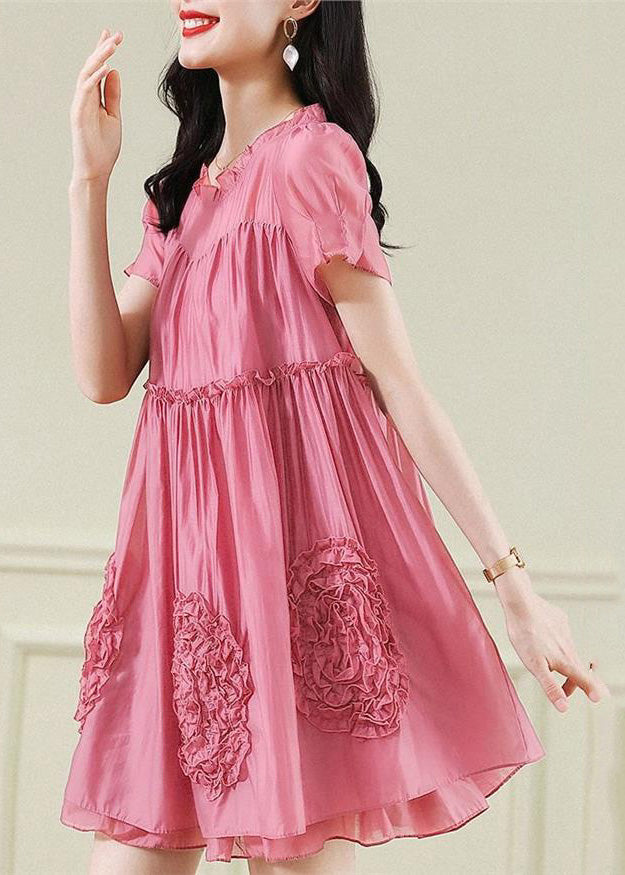 Red Ruffled Chiffon Mid Dresses Short Sleev