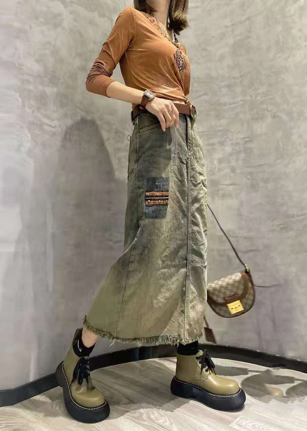 Photo Color Side Open Patchwork Tasseled Denim Skirt Summer