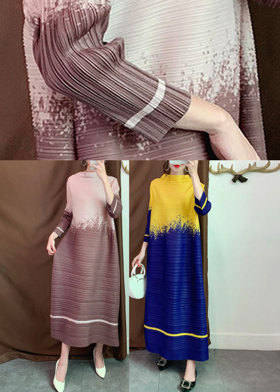 Khaki Slash Neck Gradient Color Long Dresses Long Sleeve