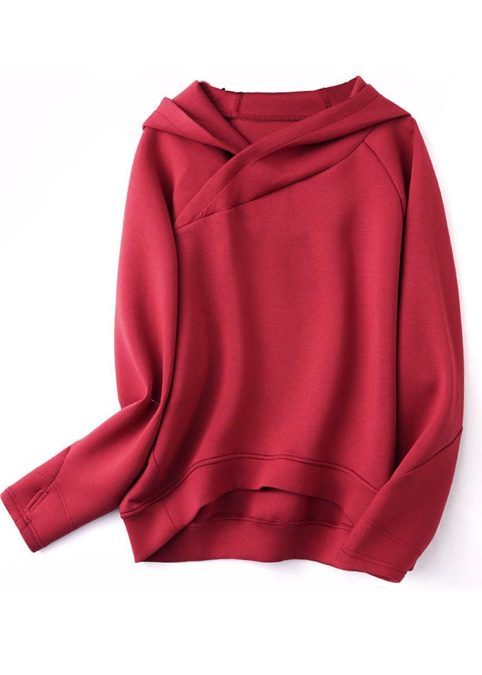 Red Asymmetrical Hooded Color Cotton Sweatshirts Top Fall
